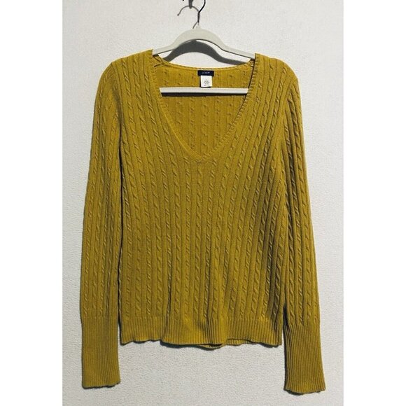 J Crew Sweater Womens Large Mustard Yellow Cable Knit V Neck Wool Cashmere Y2K - Picture 1 of 7